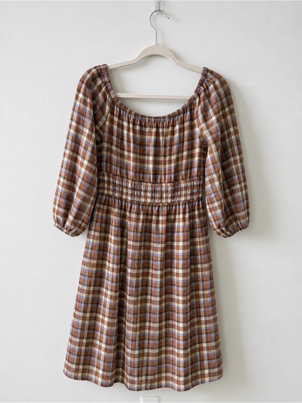 Madewell Brown Plaid Long Sleeve Peasant Dress - Picture 3 of 7